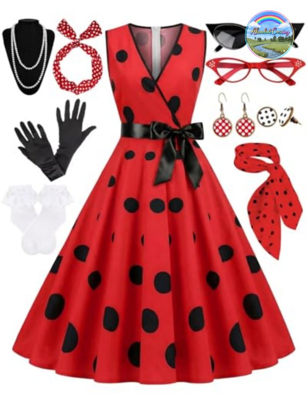 1950s Polka Dot Swing Dress Set 10Pc Tea Party Outfit Sleeveless Vneck